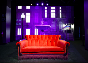 A view of the couch and fountain featured in the FRIENDS intro on display at the opening of the Flagship FRIENDS Experience