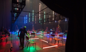 Workers setting up the Daryl Roth Theater this week in antiticpation of the April opening of the audio play “Blindness,” which is presented without live actors.