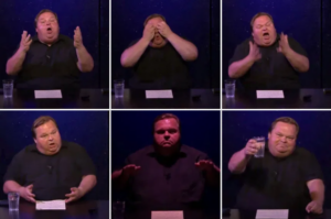 Multiple shots from Mike Daisey's "What the Fuck Just Happened?" 