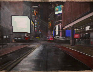 Painting of 42nd Street and 8th Avenue facing East from Richard Maxwell's "Hell's Kitchen Paintings."