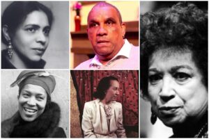 Potos of ngelina Weld Grimké, Samm-Art Williams, Alice Childress, Shirley Graham Du Bois, and Zora Neale Hurston.